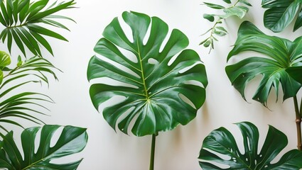 Poster - Monstera leaves and assorted tropical foliage arranged on a light background natural green plant composition