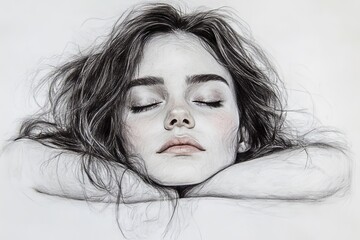 Poster - Detailed sketch of a serene young woman with closed eyes and flowing hair captured in a tranquil moment of relaxation