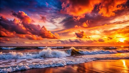 Wall Mural - Vibrant Sunset Ocean Waves: Dramatic Pink and Orange Sky Reflection