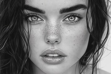 Poster - Captivating close-up of a young woman with striking features and natural beauty showcasing freckles and wet hair
