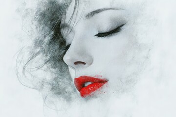 Poster - Artistic sketch of a woman with red lips, highlighting beauty and emotion in a soft, abstract style