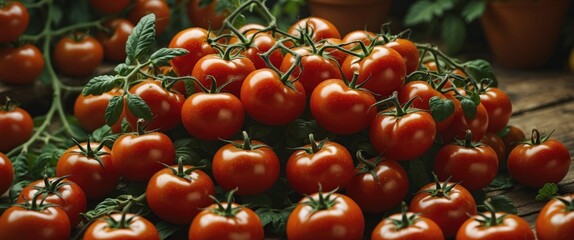 Poster - Fresh ripe red tomatoes piled on wooden surface surrounded by green leaves and potted plants in a natural setting.