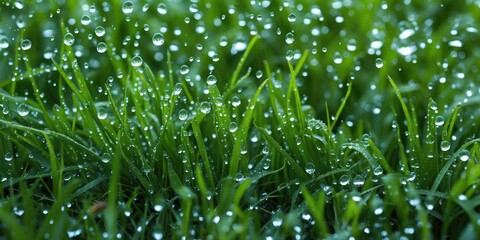 Poster - Close-up of fresh green grass with water droplets glistening on blades after rain in natural outdoor environment