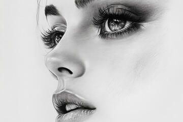 Poster - Captivating close-up of a woman’s face showcasing intricate details and striking features in a monochrome drawing