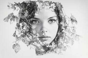 Poster - Detailed portrait of a young woman surrounded by delicate leaves in a serene artistic representation