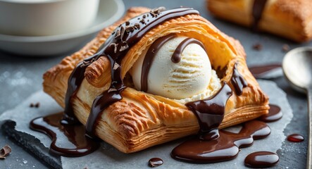 Wall Mural - Puff pastry dessert with vanilla ice cream and chocolate sauce on marble surface with coffee cups in the background