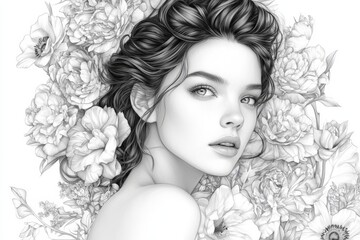 Poster - Portrait of a young woman surrounded by detailed floral patterns in black and white