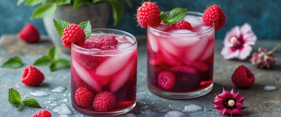 Wall Mural - Raspberry mocktail drinks served in glasses with ice, garnished with mint leaves and fresh raspberries on a textured surface