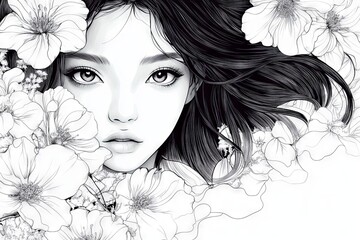 Poster - Beautiful woman with long hair surrounded by delicate white flowers in elegant artwork