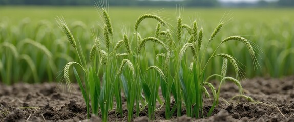 Wall Mural - Green rice plants growing in fertile soil with blurred agricultural field in the background under daylight conditions