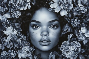 Poster - Beautiful portrait of a woman surrounded by intricate floral patterns in monochrome tones