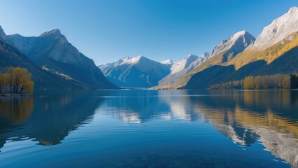  Mountain landscape with clear lake reflecting peaks under blue sky in autumn season