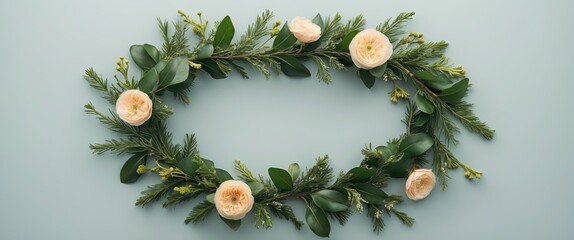 Wall Mural - Floral arrangement with light pink flowers and green leaves on a soft blue background in an oval shape.