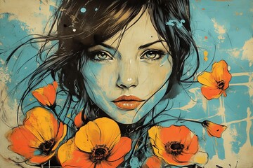 Poster - Vibrant portrait of a woman surrounded by bright orange flowers against a turquoise background
