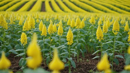 Poster - Field of vibrant yellow flowering plants with rows of greenery in a cultivated landscape under natural lighting.