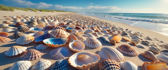 Wall Mural - Seashells scattered on sandy beach with ocean waves and blue sky in background during sunny day