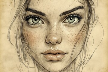 Poster - Portrait of a young woman with captivating green eyes and delicate freckles, showcasing intricate artistic details and a natural expression
