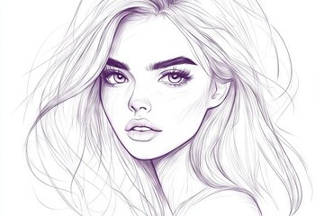 Poster - Expressive portrait of a young woman showcasing soft features and flowing hair in a delicate line drawing style