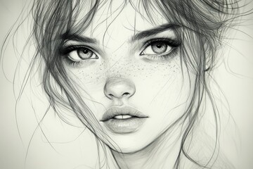 Poster - Portrait of a young woman with expressive eyes and freckled skin, showcasing intricate detailing and artistic talent