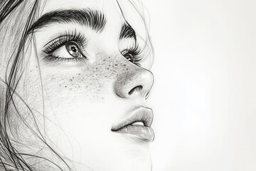 Poster - Detailed close-up of a young woman's face showcasing realistic facial features and freckles in finely drawn art piece