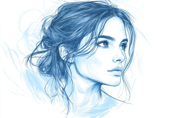 Aufkleber - Portrait of a woman with flowing hair and a thoughtful expression in soft blue tones created with pencil-like detail