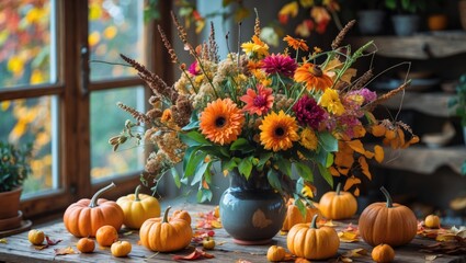 Sticker - Autumn floral arrangement with sunflowers and pumpkins in a rustic setting with fall leaves and natural light from window.