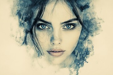 Poster - Portrait of a woman with striking blue eyes surrounded by artistic watercolor effects in a creative style