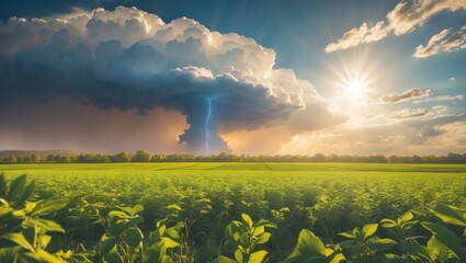 Canvas Print - Dramatic thunderstorm over lush green field with sunlight breaking through dark clouds and visible lightning strike