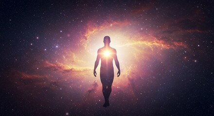 Wall Mural - figure walking in space with galaxy background and glowing chest