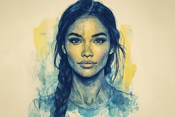 Aufkleber - Artwork depicting a young woman with a braid and striking features against a textured background
