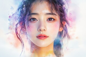 Aufkleber - Portrait of a woman with ethereal watercolor details in colorful hues capturing beauty and artistry
