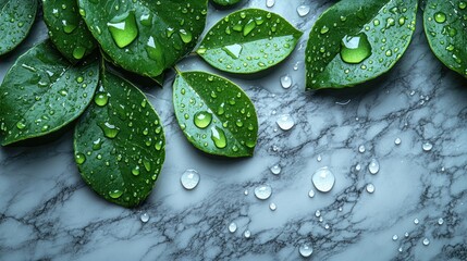 Canvas Print - Fresh green leaves with water droplets on marble