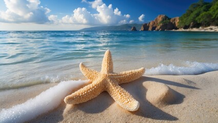 Wall Mural - Starfish on sandy beach with gentle waves and clear turquoise water under a blue sky with scattered clouds.