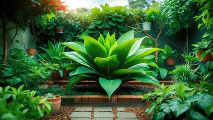 Wall Mural - Lush tropical garden with large green leaves and various indoor plants in sunlight surrounded by potted plants and stone pathway.