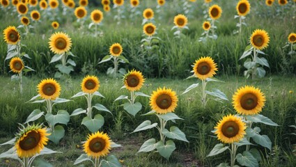 Wall Mural - Field of blooming sunflowers with vibrant yellow petals and green leaves under natural light in rural landscape setting