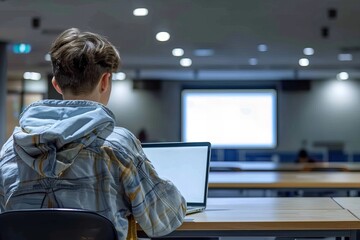 Young man working on laptop with blank screen, symbolizing freelance work, online shopping, and e-learning.