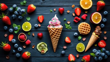 Wall Mural - Colorful ice cream cones with assorted fruits and candies arranged on a dark wooden background with vibrant colors and textures