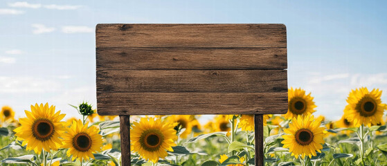 Blank wooden sign. Wooden signboard surrounded by vibrant sunflowers under a clear blue sky.