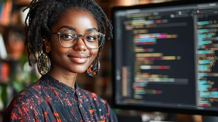Code with Confidence: A young, intelligent woman with a warm smile sits before her computer, a vibrant display of code illuminating her face. She exudes knowledge and ambition.