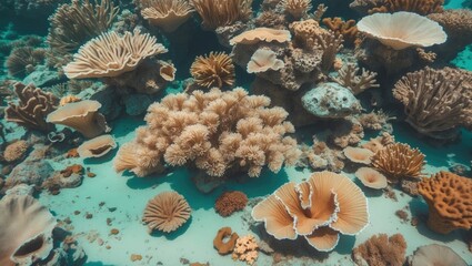 Wall Mural - Vibrant coral reef ecosystem underwater featuring various coral species with blue water background and soft sunlight filtering through water