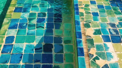 Canvas Print - Colorful mosaic tiles in varying shades of blue and green submerged in clear water with reflections and shadows.