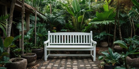 Wall Mural - White wooden bench in a lush tropical garden surrounded by various potted plants and greenery on a cobblestone path.