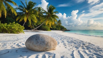 Wall Mural - tropical beach scene with palm trees and a large rock on white sand under a blue sky with clouds and turquoise ocean water