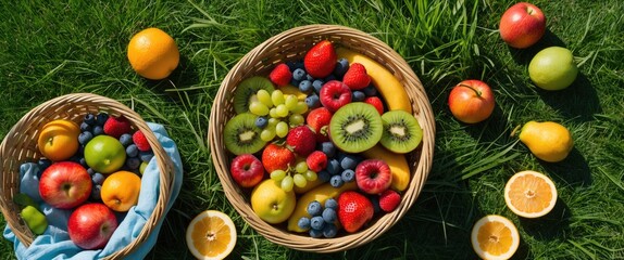 Poster - Baskets filled with assorted fresh fruits including apples, oranges, strawberries, grapes, and kiwis on green grass background