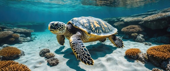 Wall Mural - Underwater sea turtle swimming amidst coral reefs in clear blue ocean water with sandy seabed.