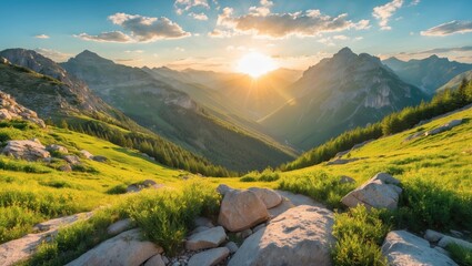 Canvas Print - Mountain landscape at sunrise with rocky foreground and lush green valleys under a blue sky with clouds in the background.