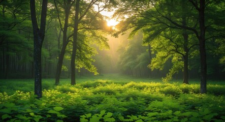 Wall Mural - Sunlight filtering through lush green trees in a tranquil forest landscape during sunrise or sunset hours