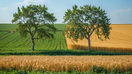 Wall Mural - Two trees standing at the edge of golden wheat fields and lush green crops under a clear blue sky in rural landscape.