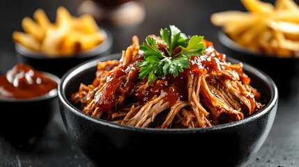 Wall Mural - Pulled pork garnished with parsley and barbecue sauce in black bowl