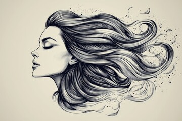 Poster - Elegant woman with flowing hair, showcasing beauty and grace in black and white artistic style with intricate details and soft textures